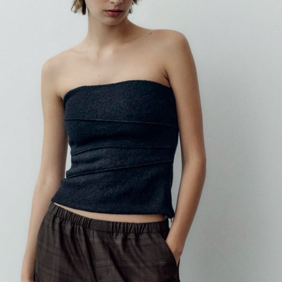 Zara Navy Blue Textured Strapless Top - Picture 2 of 2